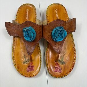 Serengeti Hand Painted Tooled Leather Floral Rose Thong Sandals Brown Blue 41